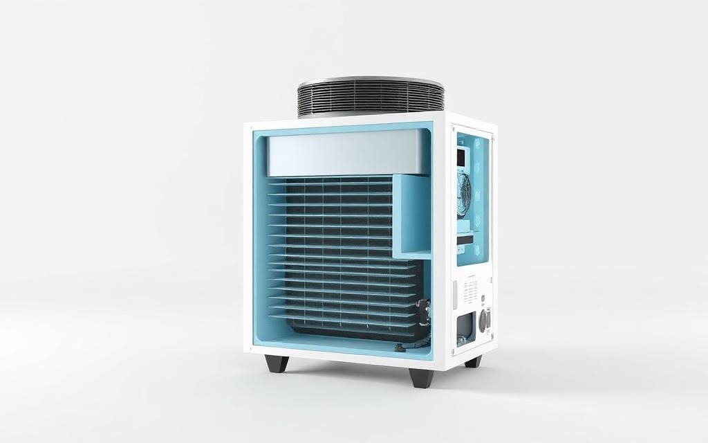 Cutaway product diagram of an HVAC air handler with annotation points